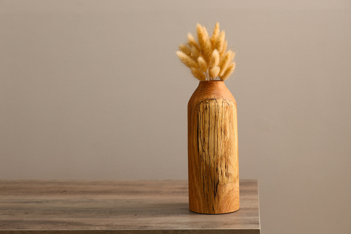 Wood turned spalted oak dry floral vase.