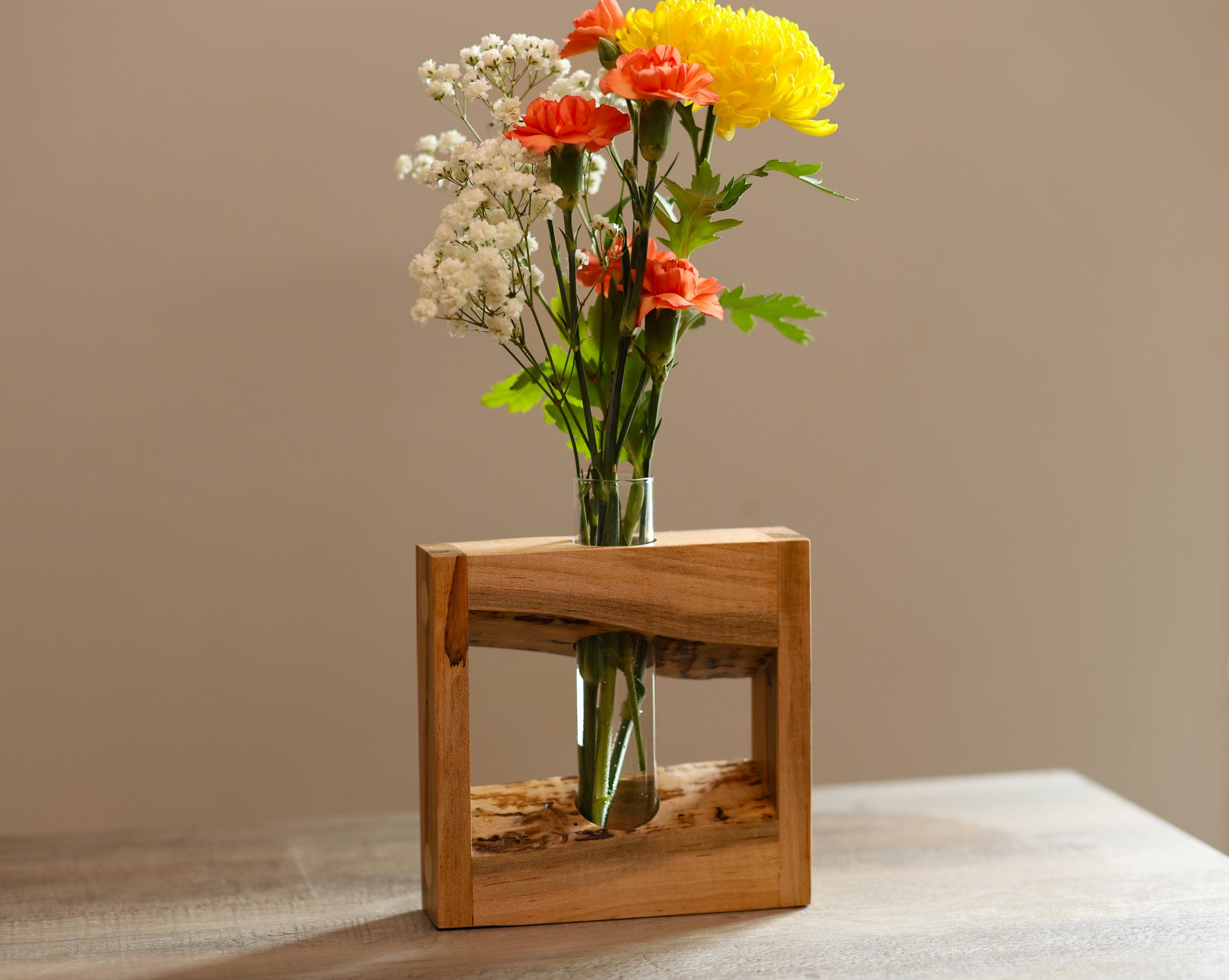 Maple wood live edge frame with glass tube flower vase