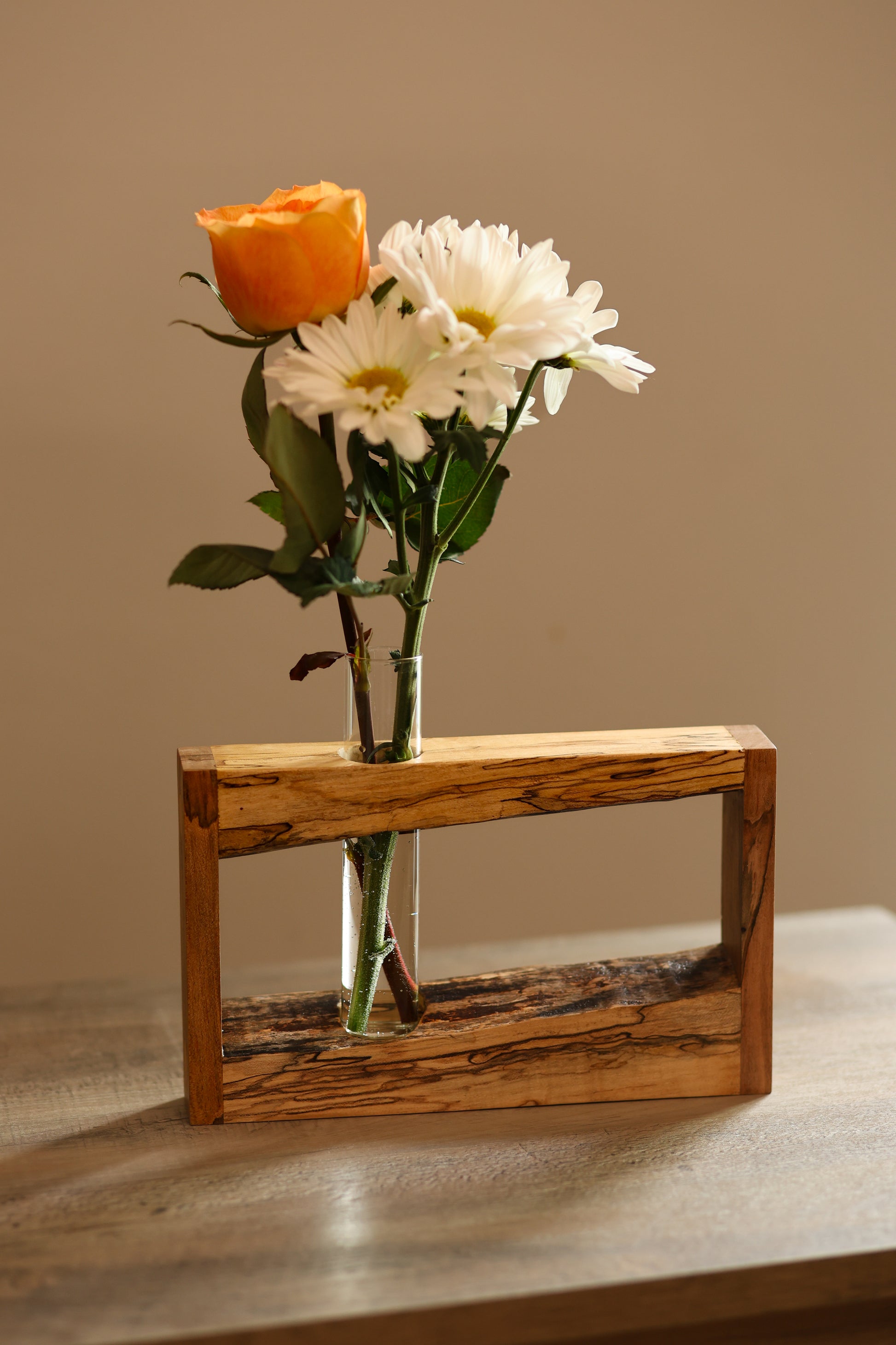 Maple wood live edge frame with glass tube flower vase