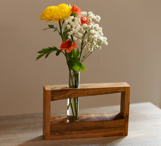 Maple wood live edge frame with glass tube flower vase
