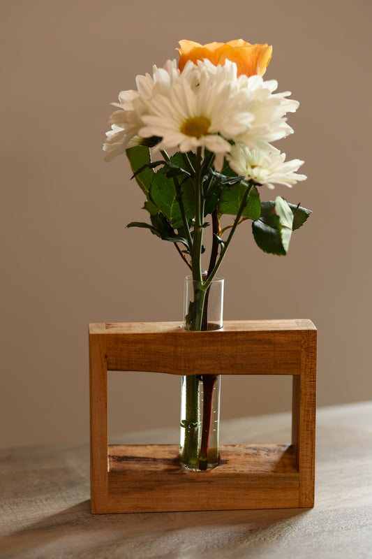 Maple wood live edge frame with glass tube flower vase