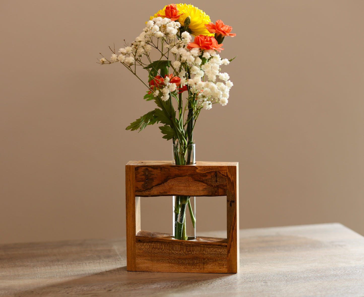 Maple wood live edge frame with glass tube flower vase