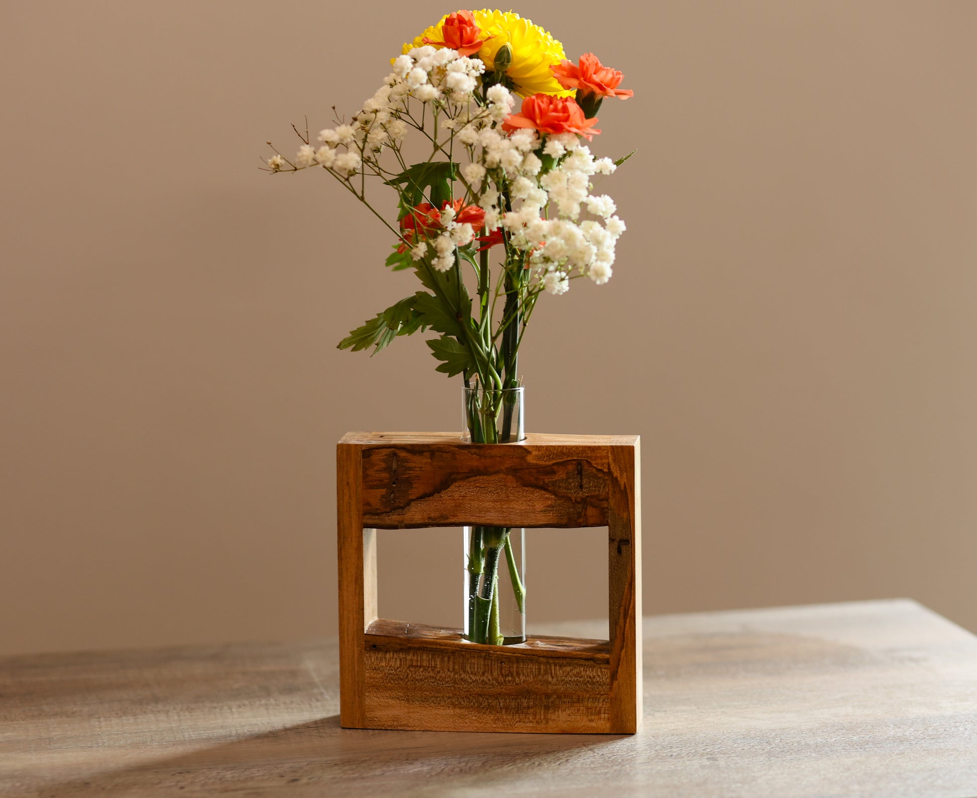 Maple wood live edge frame with glass tube flower vase